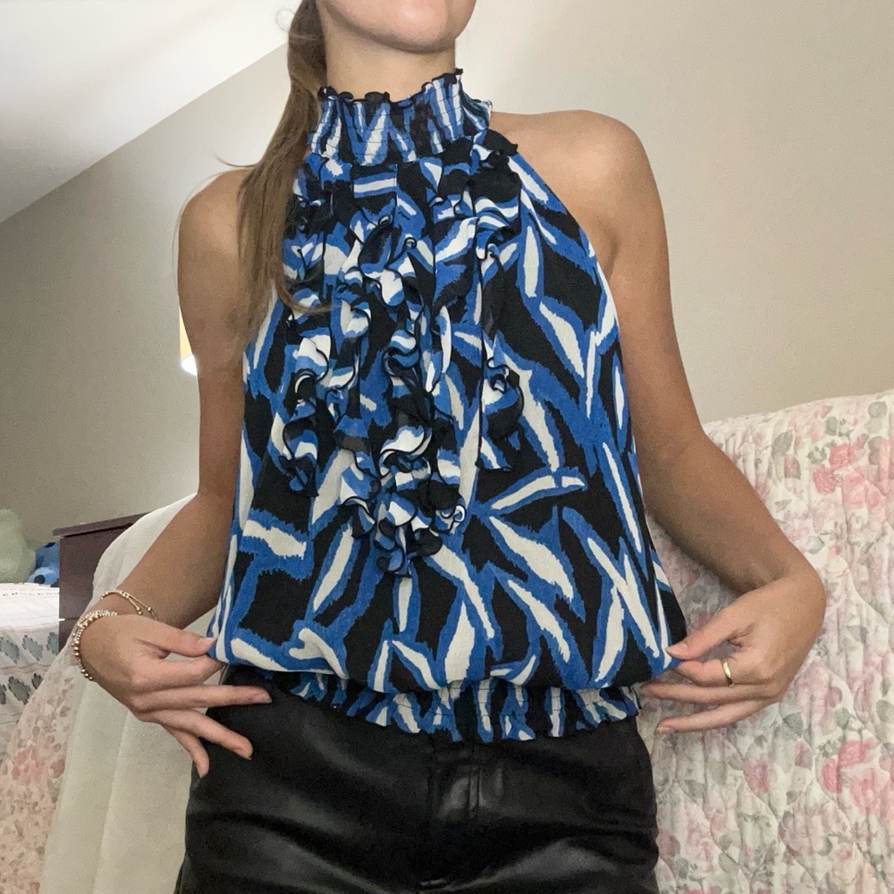 Alfani Blue and Black Ruffle Halter Top Size 12P Going out or Office Top